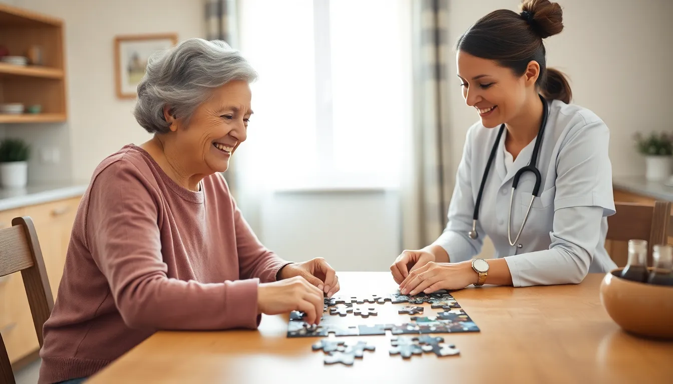 Caregiver and elderly woman sharing a joyful moment